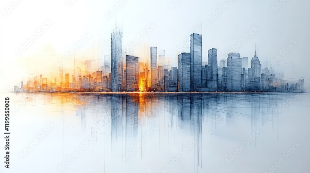 Wall mural Sketchy city skyline reflected in water.