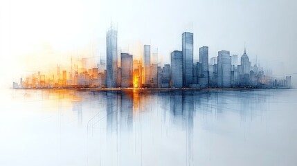 Sketchy city skyline reflected in water.