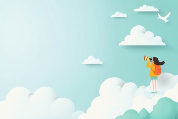 Minimalist Illustration of a Young Woman Observing a Soft Cloudy Sky Through a Camera, Perfect for Use in Creative and Travel-Themed Designs