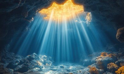 Obraz premium Sunbeams illuminate underwater cave, rocky floor.