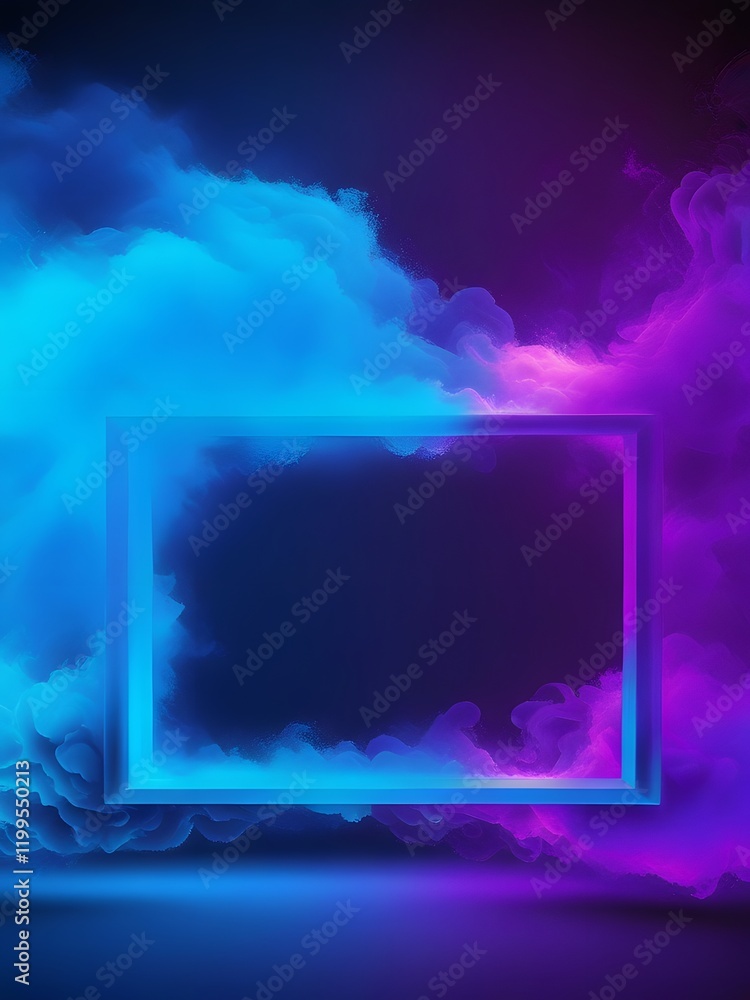 Wall mural Abstract blue Neon light  3d Frame with Colorful Smoke Background