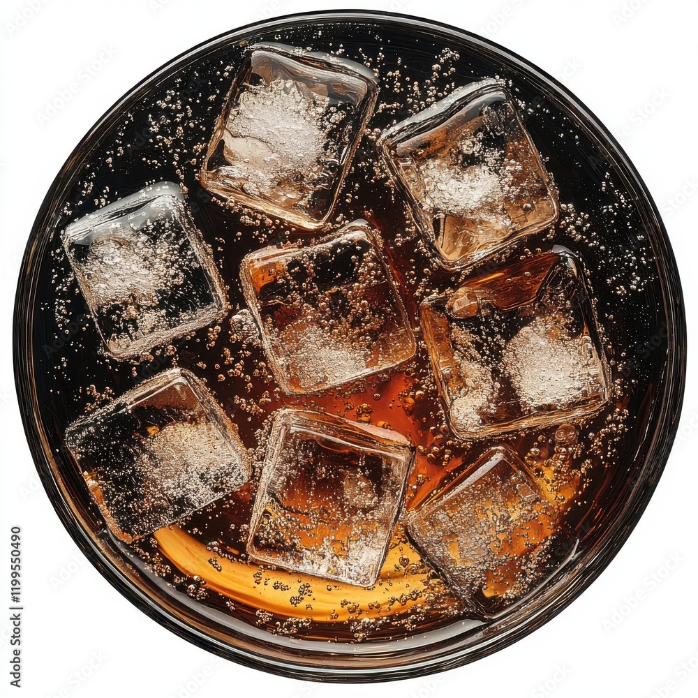 Poster refreshing carbonated beverage with ice cubes in a glass showing bubbles and effervescence for a thi