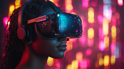 Naklejka premium Virtual reality experience urban setting digital portrait neon environment close-up view immersive technology concept for engagement