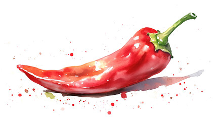 watercolor illustration of one single red chili pepper isolated on white background