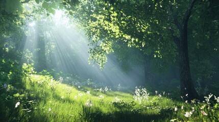Obraz premium Springtime forest glade filled with sunbeams filtering through fresh green leaves