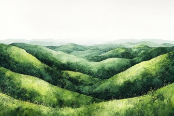 Lush green rolling hills landscape under bright sky with mountains on horizon