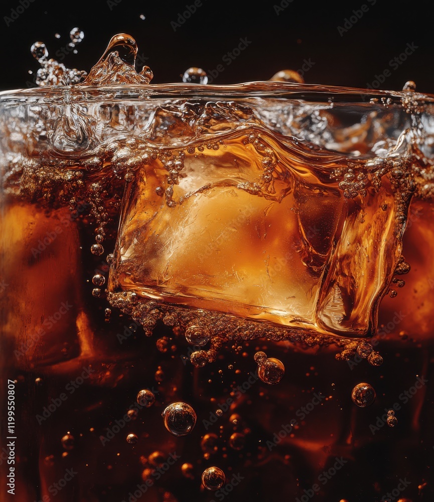 Poster refreshing carbonated beverage with ice cubes splashing in a glass, capturing the essence of refresh