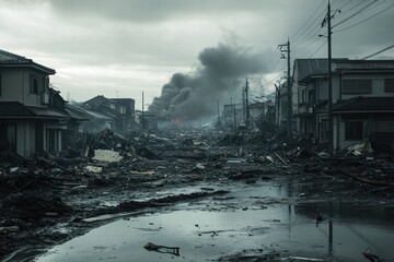 Fototapeta premium Aftermath of natural disaster revealing destruction and debris in a once-thriving neighborhood