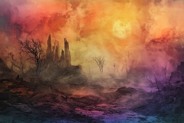 A Silhouetted Cityscape Under a Gloomy, Full Moon