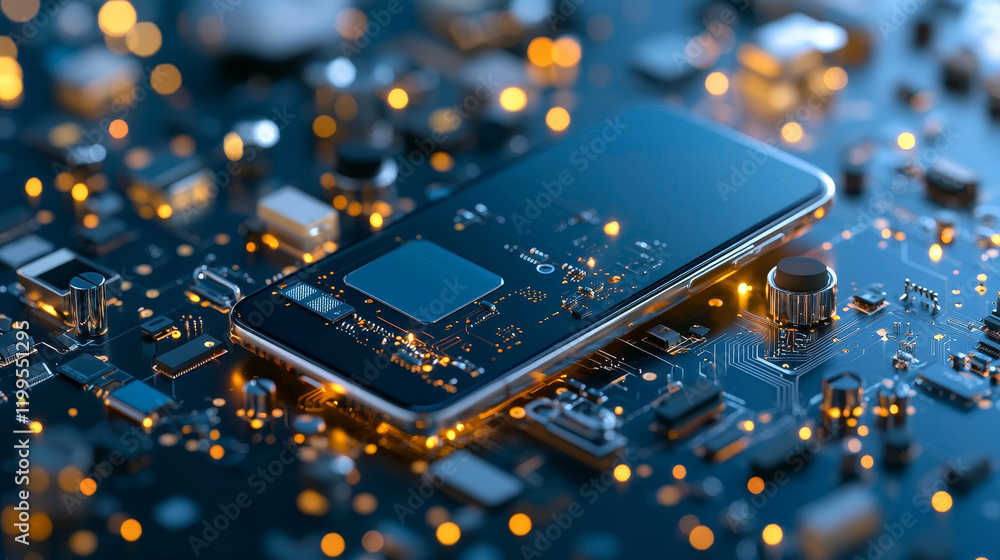 Poster exploring technological innovation smartphone on circuit board digital workspace macro photography h