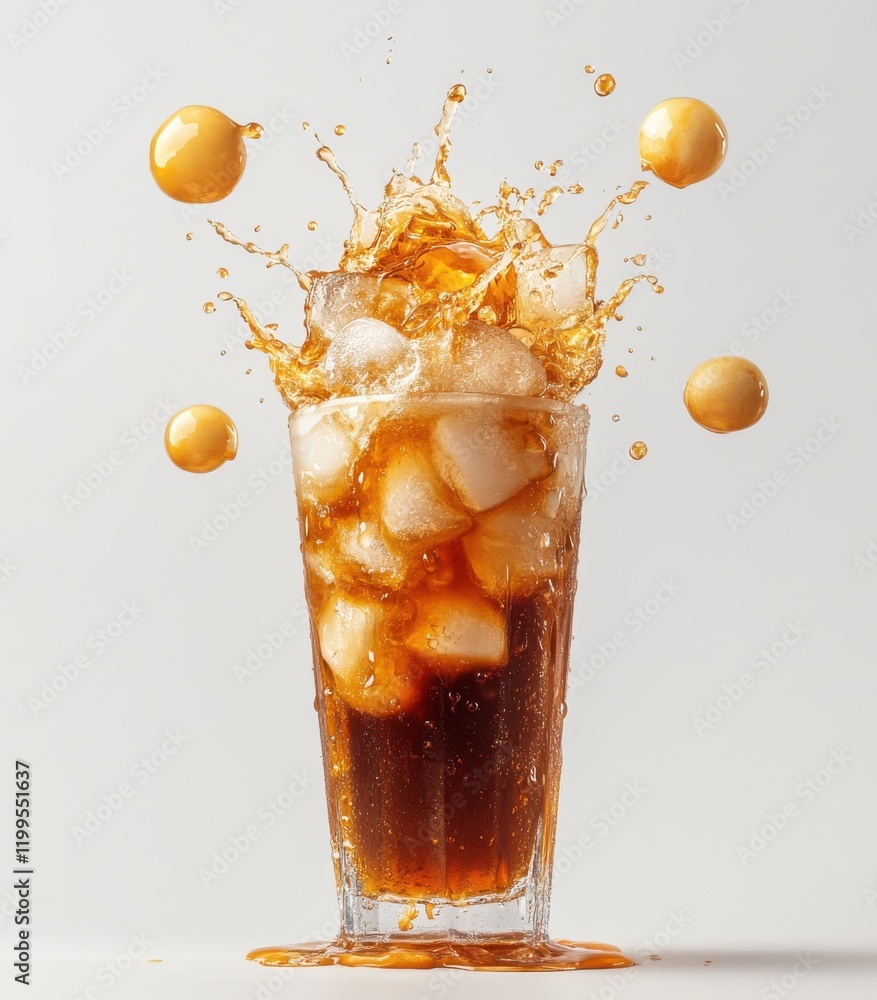 Poster refreshing carbonated drink with ice cubes exploding in a glass, capturing the joy of a cold beverag