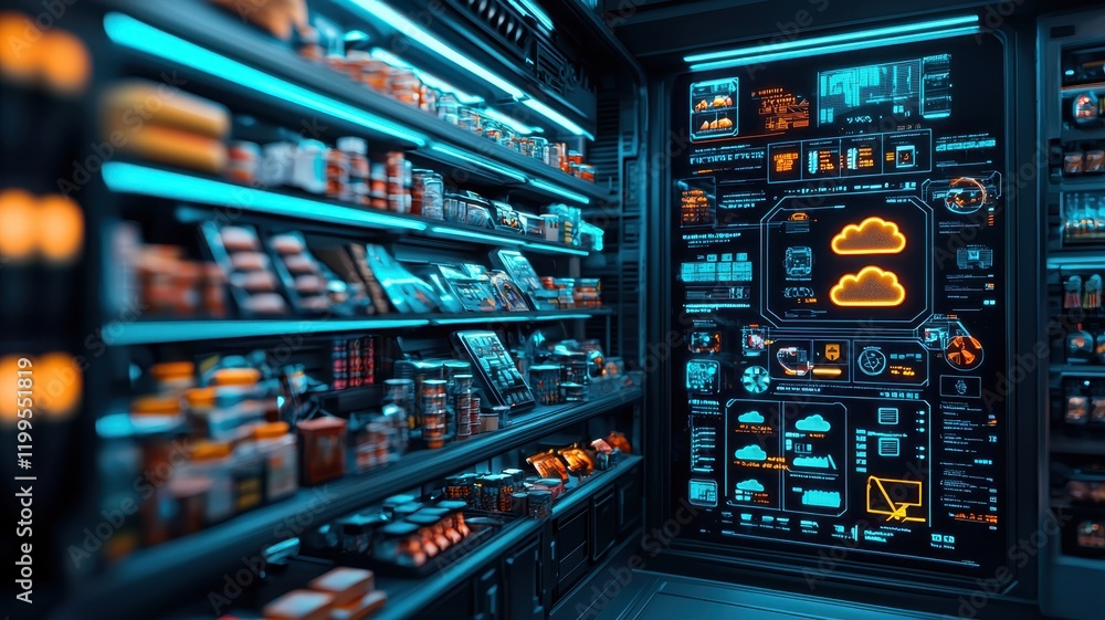 Poster a futuristic display of shelves filled with products, illuminated by neon lights, featuring a digita