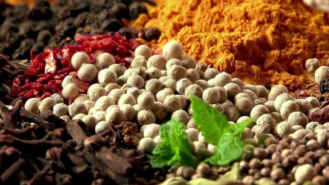 Bright mix of spices Close-up. Turmeric, Cumin, Cardamom, and Pepper. Assortment of spices and seasonings for cooking