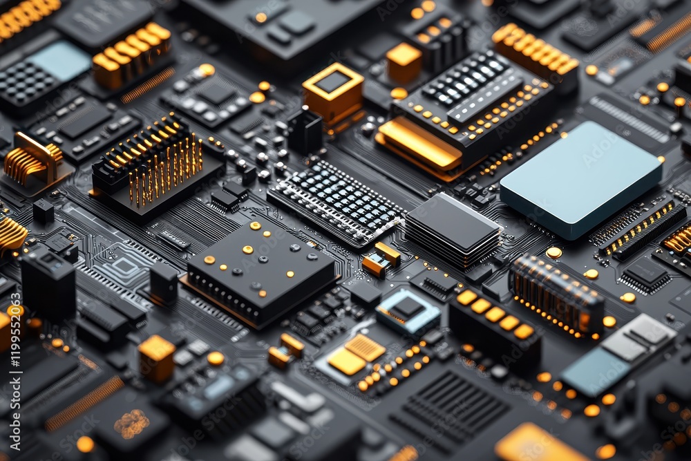 Aufkleber a close-up view of a complex circuit board featuring various components in a rich black and gold col