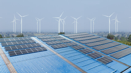 Modern factory using solar cell and wind turbine clean power source for saving energy and low carbon