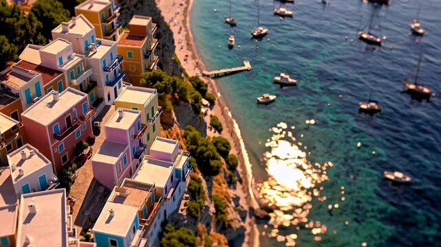 Colorful houses, perched on a cliff overlooking the aegean sea, create a picturesque scene in klima, milos island, greece, with sailboats and yachts dotting the turquoise waters