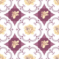 Seamless pattern with vintage ornaments and yellow flowers on white background 