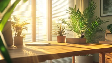 Fototapeta premium Stylish office background with a clean wooden desk, potted plants, and large sunlit windows