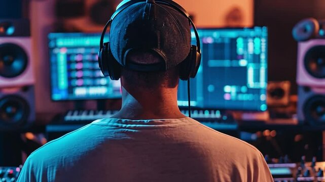 Music Producer at Work: A focused music producer wearing headphones sits before a computer screen filled with audio mixing software, surrounded by professional studio equipment.