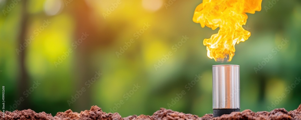 Aufkleber flame emerging from a metallic container in a natural setting.