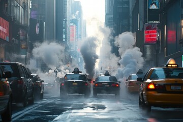 Obraz premium Exhaust gases rising from yellow taxis in bustling city streets at dawn