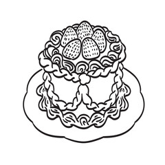 Vintage coquette cake with strawberries clipart in line art, vintage outline style. Wedding or birthday doodle style cake drawing for party invitations or greeting cards, cafe or restaurant menus.