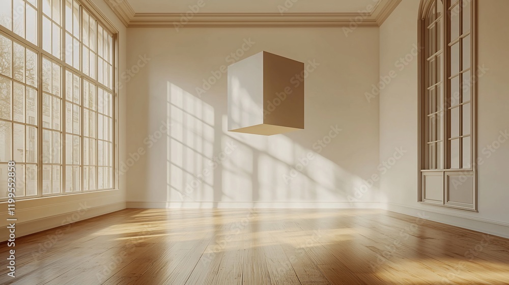 Aufkleber Sunlit empty room with floating cube.