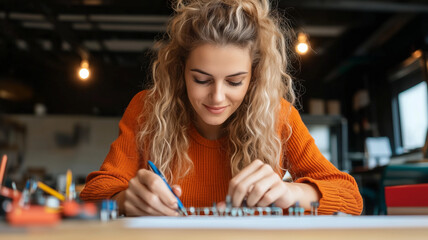 Fototapeta premium Creative woman working on project in modern workspace, focused on details. Her curly hair and orange sweater add vibrant touch to inspiring environment