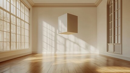 Obraz premium Sunlit empty room with floating cube.