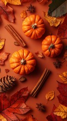 A delightful arrangement showcases plump orange pumpkins surrounded by crisp autumn leaves in shades of red and gold. Cinnamon sticks and nuts add a touch of harvest warmth, celebrating the season