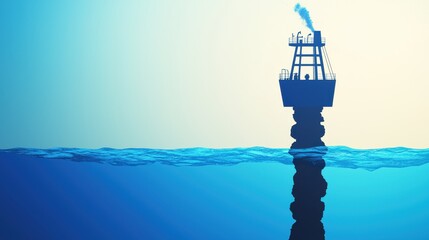 Obraz premium Oil rig silhouette above ocean water with a smoky background.