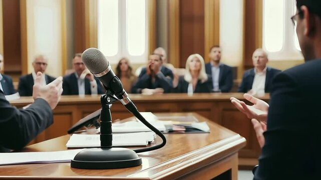 Sound Engineer in Courtroom Drama Scene with Boom Mic