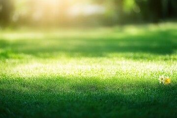 Naklejka premium Tranquil Sunny Field Scene with Soft Green Grass and Gentle Light Enhancing Nature's Beauty, Ideal for Background and Copy Space Usage