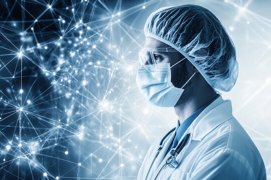Abstract Soft Colored Background Featuring a Professional Healthcare Worker in a Medical Environment with a Mask and Protective Gear Against a Technological Backdrop