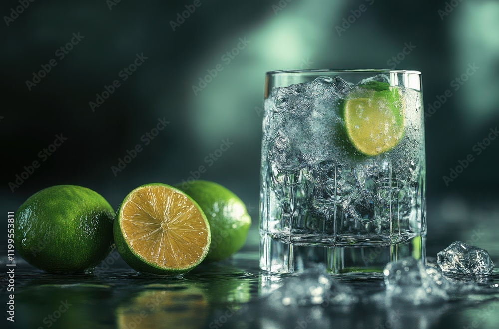 Poster Refreshing Citrus Cocktail with Ice Cubes and Fresh Limes on a Shiny Surface in a Dimly Lit Environment for Summer Vibes and Quenching Thirst