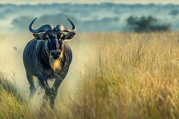 Majestic blue wildebeest with distinctive curved horns roam freely in the arid, sun-baked landscape of Etosha National Park, Namibia.. Beautiful simple AI generated image