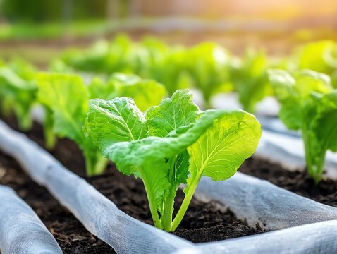 A lush vegetable garden with protective row covers and pest nets, highlighting essential garden supplies