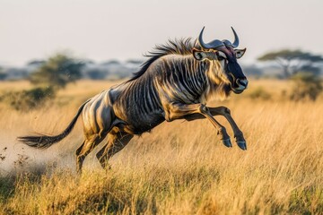 Fototapeta premium Majestic blue wildebeest with distinctive curved horns roam freely in the arid, sun-baked landscape of Etosha National Park, Namibia.. Beautiful simple AI generated image