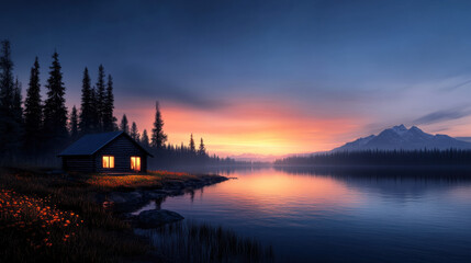 Fototapeta premium Rustic Cabin and Hunting Lodge, A serene lakeside scene at dusk, featuring a cozy cabin illuminated by warm light, surrounded by tall trees and a picturesque mountain backdrop.