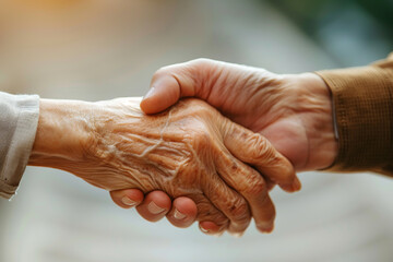 Close-up of a young woman's hand holding an elderly man's hand on a light background, gesture of support and love concept.