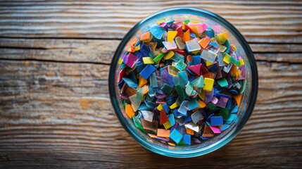 An intimate view of a glass container filled with small vibrant pieces of recycled plastic each fragment reflecting different colors and shapes set against a simple wooden table.