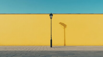 Minimalist street lamp casting shadow on yellow wall.