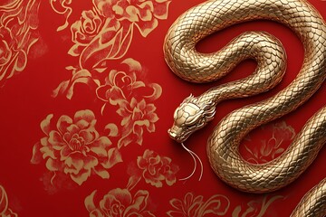 Fototapeta premium Golden Chinese Zodiac Snake on a Rich Red Background for 2025.