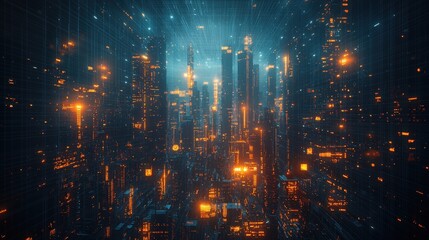 Fototapeta premium Digital Cityscape Network with Orange Lights on Dark Background Generated AI