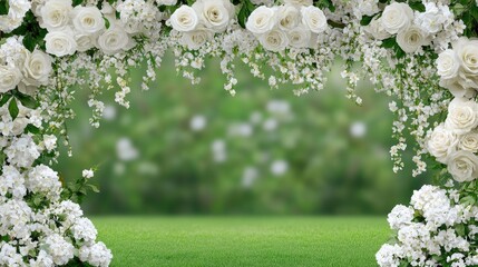Wooden arbor elegantly decorated with floral arrangements stands in a garden beside a tranquil water backdrop for a wedding ceremony