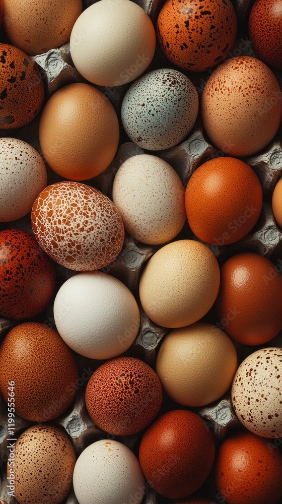 Poster a diverse collection of eggs occupies a recycled carton, offering an array of colors and textures