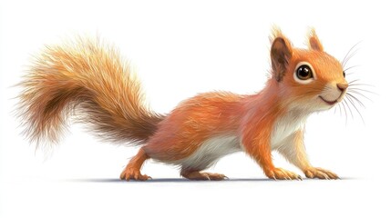 Cute cartoon squirrel walking on white background.