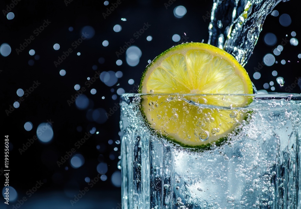 Poster refreshing close-up of lemon slice dropping into sparkling water creating bubbling splash against da