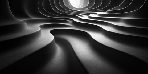 Abstract Dark Monochromatic Wave Tunnel: A 3D Render of Curving Lines and Shadows