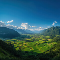 panoramic view of vibrant green valley surrounded by mountains, showcasing lush fields and clear blue sky